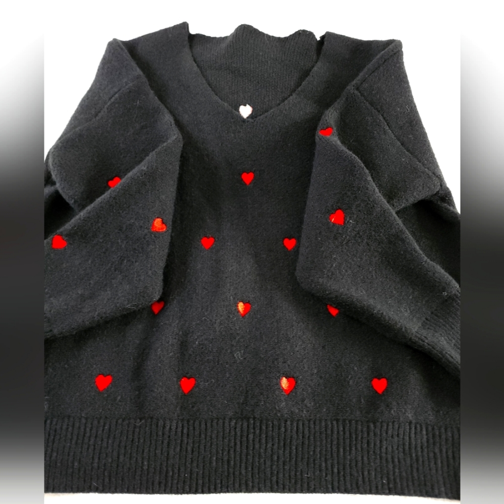 Black Long Sleeve Sweater with embroidered Hearts Size:Large - Picture 2 of 6
